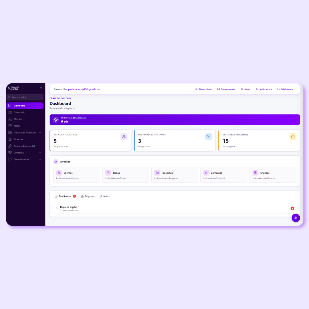 Panel de Riqueza Digital con clientes, proyectos y tareas centralizados